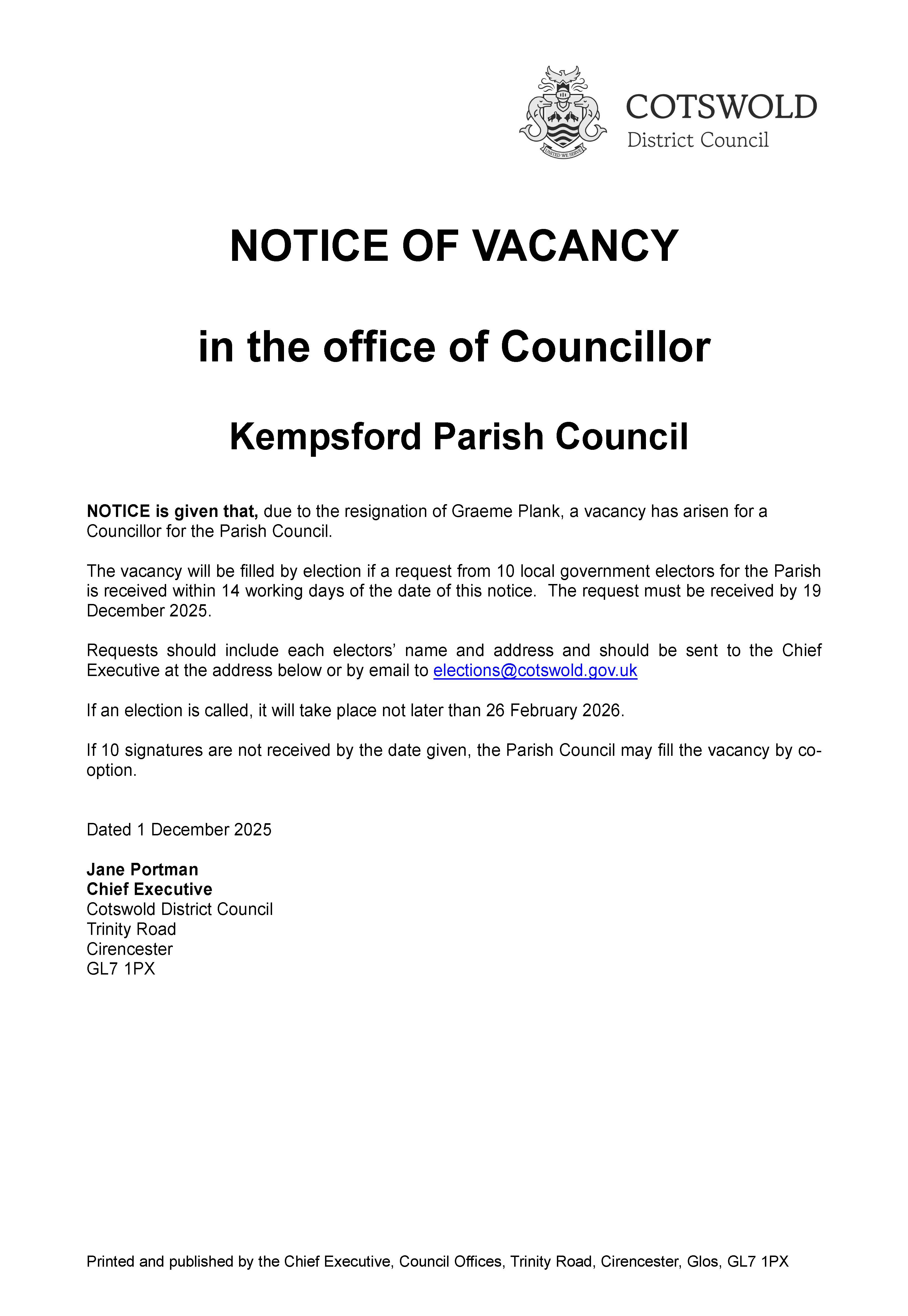 Notice of Vacancy